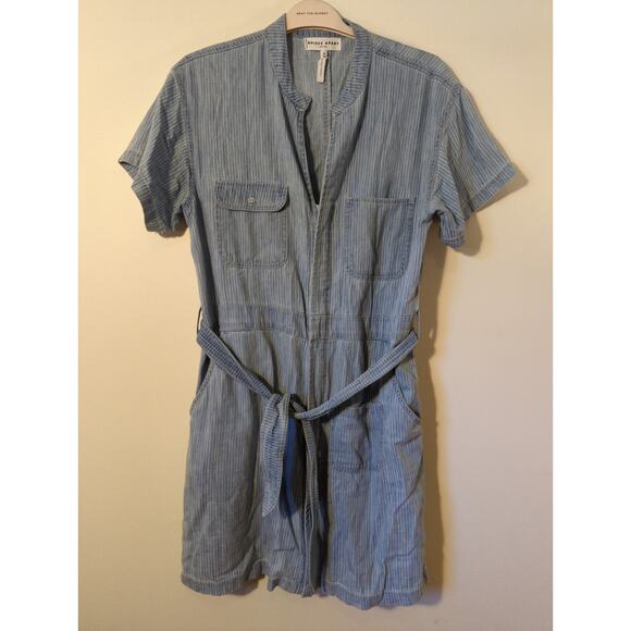 APIECE APART Avery Blue Pinstripe Short Sleeve Belted Mini Dress Size 10 print - Picture 3 of 7
